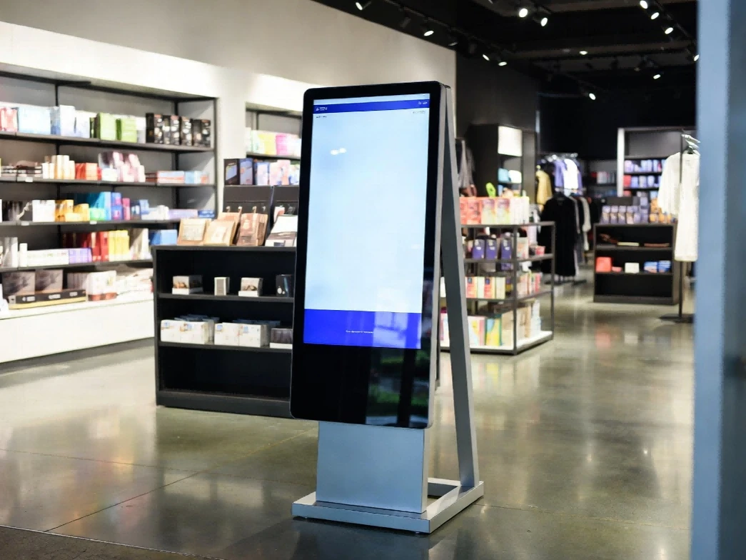Retail store layout showing optimal placement of an interactive touchscreen kiosk to maximize customer adoption rates and foot traffic engagement.